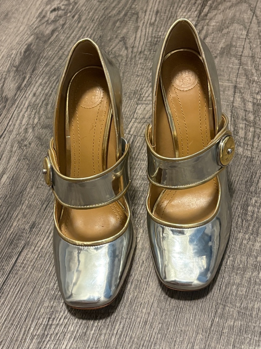 Tory Burch Madison Metallic Mary Jane Pumps 7.5 Size 100mm Heel